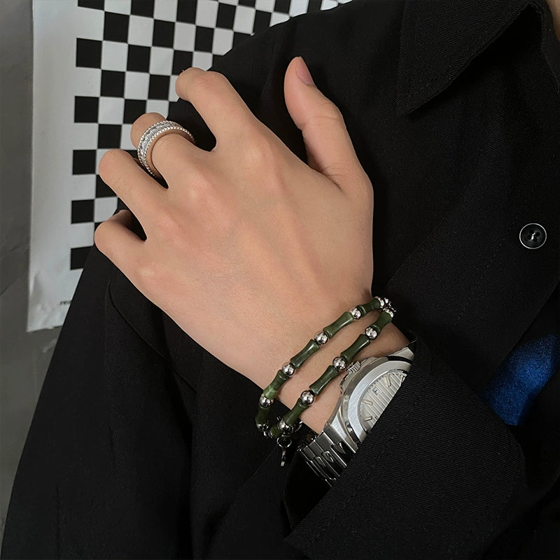 Carmen Chinese Fad Ins Special-Interest Design Olive Jade Bamboo Joint Patchwork Titanium Steel Bracelet Men's Fancy Couples Bracelet Tide