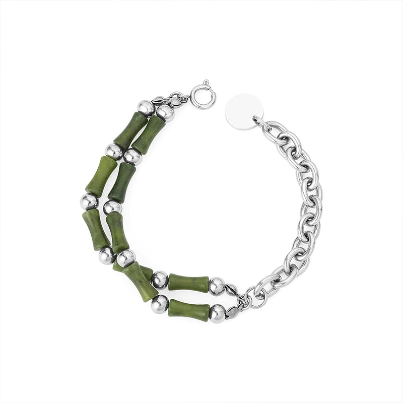 Carmen Chinese Fad Ins Special-Interest Design Olive Jade Bamboo Joint Patchwork Titanium Steel Bracelet Men's Fancy Couples Bracelet Tide