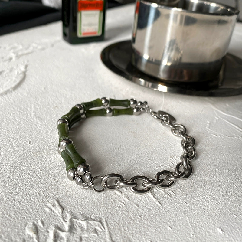 Carmen Chinese Fad Ins Special-Interest Design Olive Jade Bamboo Joint Patchwork Titanium Steel Bracelet Men's Fancy Couples Bracelet Tide