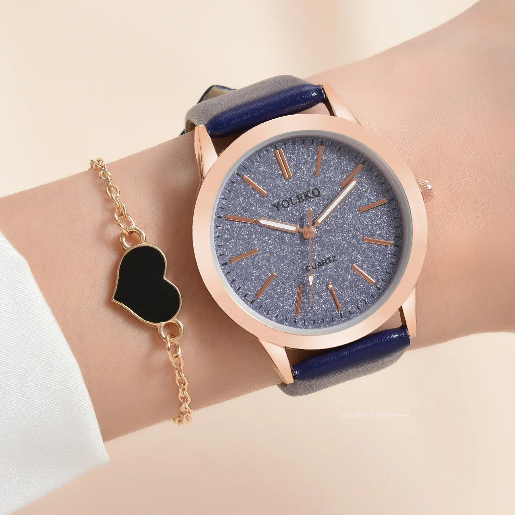2pcs Set Women Watch Set Alloy Bracelet Luxury Fashion Jewelry Colourful PU Leather Strap Ladies Quartz Wristwatch for Ladies
