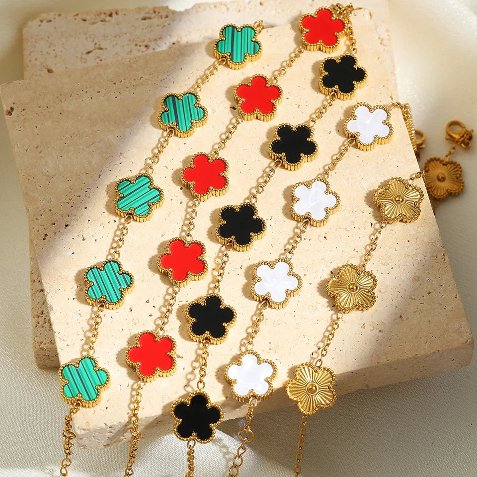 Fashion Flower Necklace Earrings Set Jewelry Women Stainless Steel White Shell Clover Bracelet Jewelry Accessories
