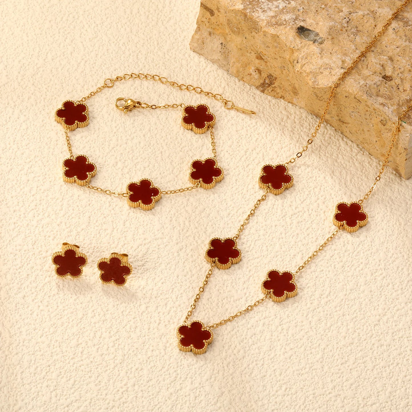Fashion Flower Necklace Earrings Set Jewelry Women Stainless Steel White Shell Clover Bracelet Jewelry Accessories