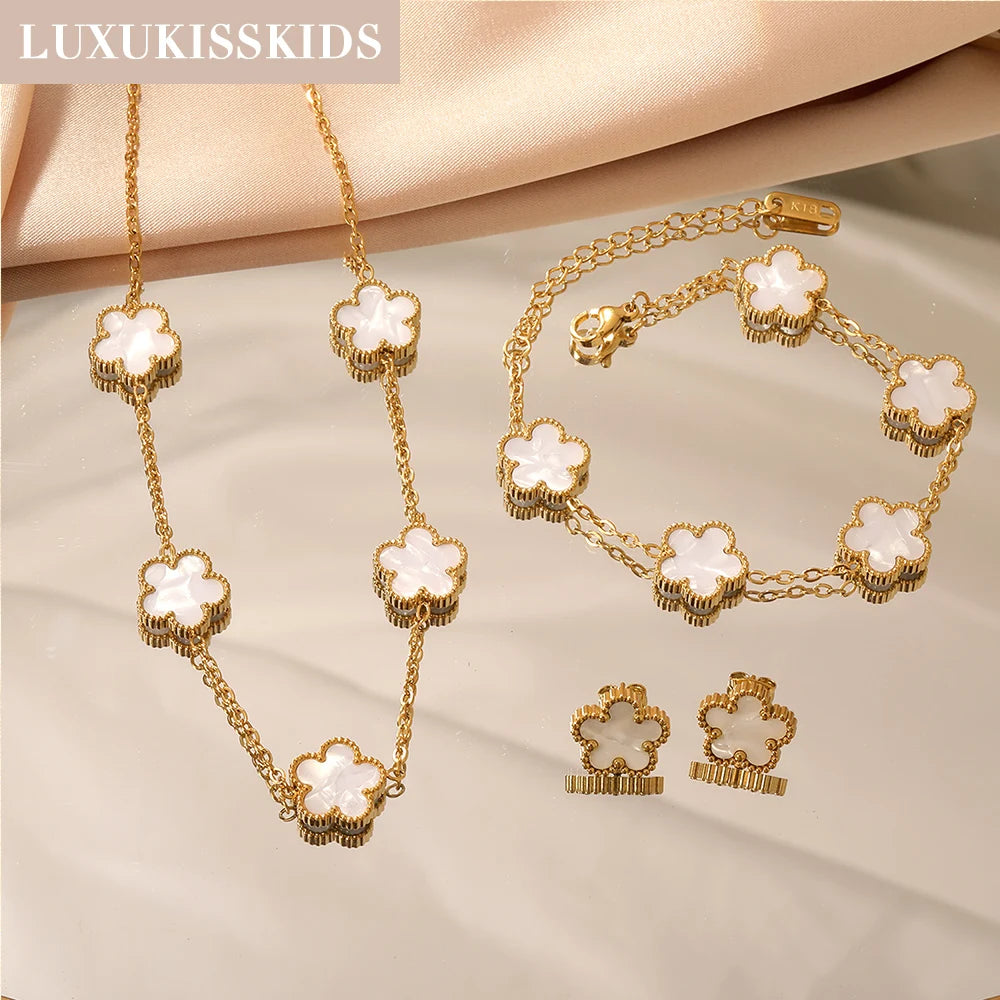 Fashion Flower Necklace Earrings Set Jewelry Women Stainless Steel White Shell Clover Bracelet Jewelry Accessories