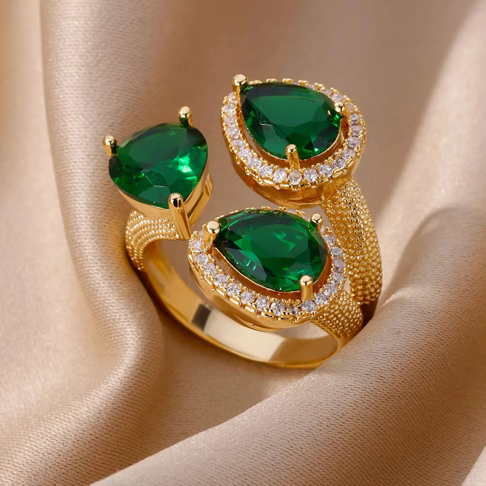 Luxury Stainless Steel Green Zircon Flower Rings For Women Snake Finger Ring Gold Plated Wedding Party Exquisite Jewelry New