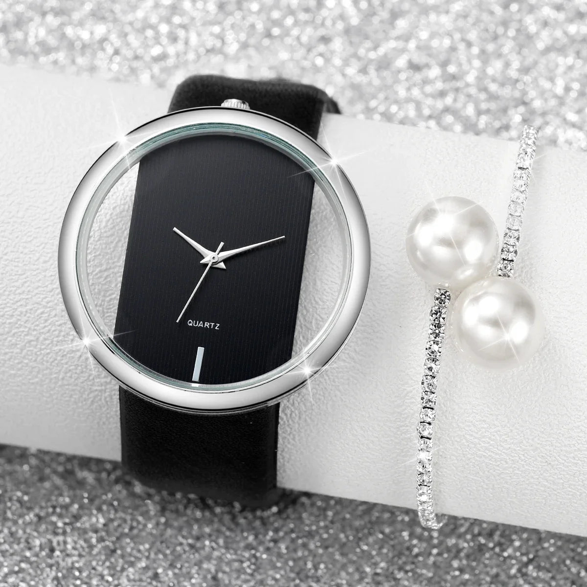 2PCS/Set Women Watches Diamond Pearl Bracelet Set Fashion Hollow Large Dial Women's Leather Quartz Watch