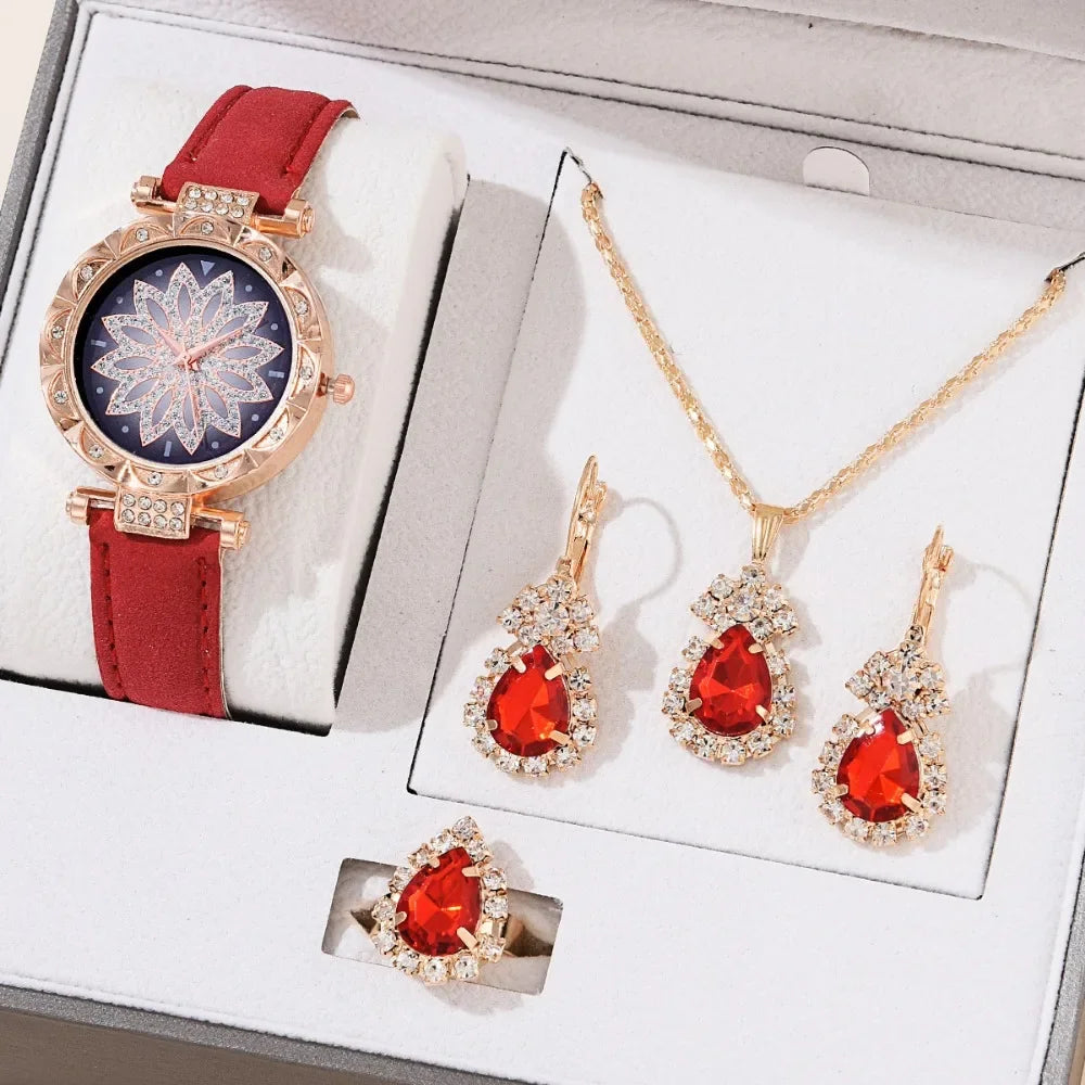 5pcs Set Watches for Women Leather Band Ladies Watch Simple Casual Women's Analog WristWatch Bracelet Gift Montre Femme(No Box)
