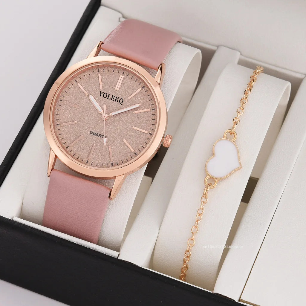 2pcs Set Women Watch Set Alloy Bracelet Luxury Fashion Jewelry Colourful PU Leather Strap Ladies Quartz Wristwatch for Ladies