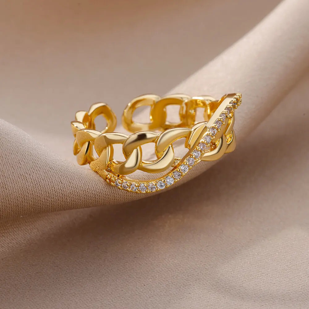 Fashion Gold Color Stainless Steel Rings For Women Chain Hollow Out Crystal Zircon Finger Ring Jewelry 2023 Gift anillos mujer