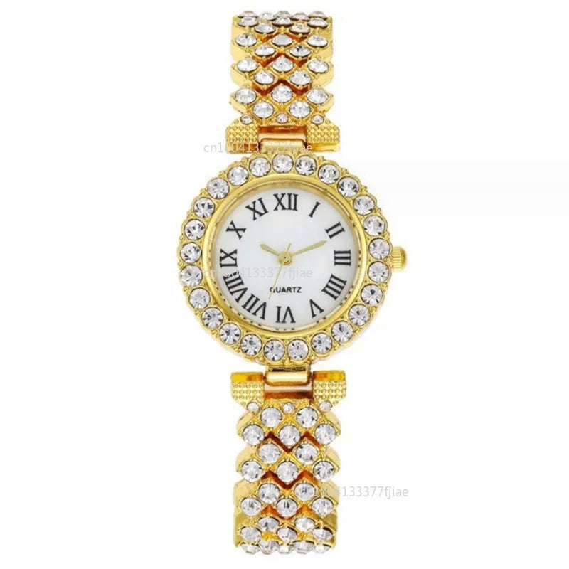 6pcs Luxury Dainty Quartz Watch with Heart Jewelry Set for Women Rhinestone Watch Heart Necklace Bracelet Earrings Ring Set