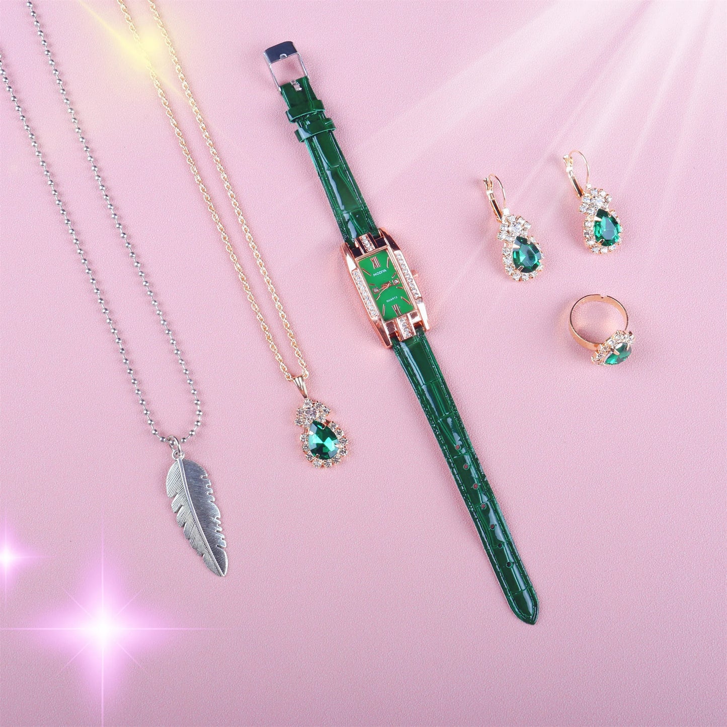 6PCS Set Fashion Women Rectangle Watches Ladies Business Green Leather Quartz Watch Necklace Earrings Bracelet Wristwatch A4347