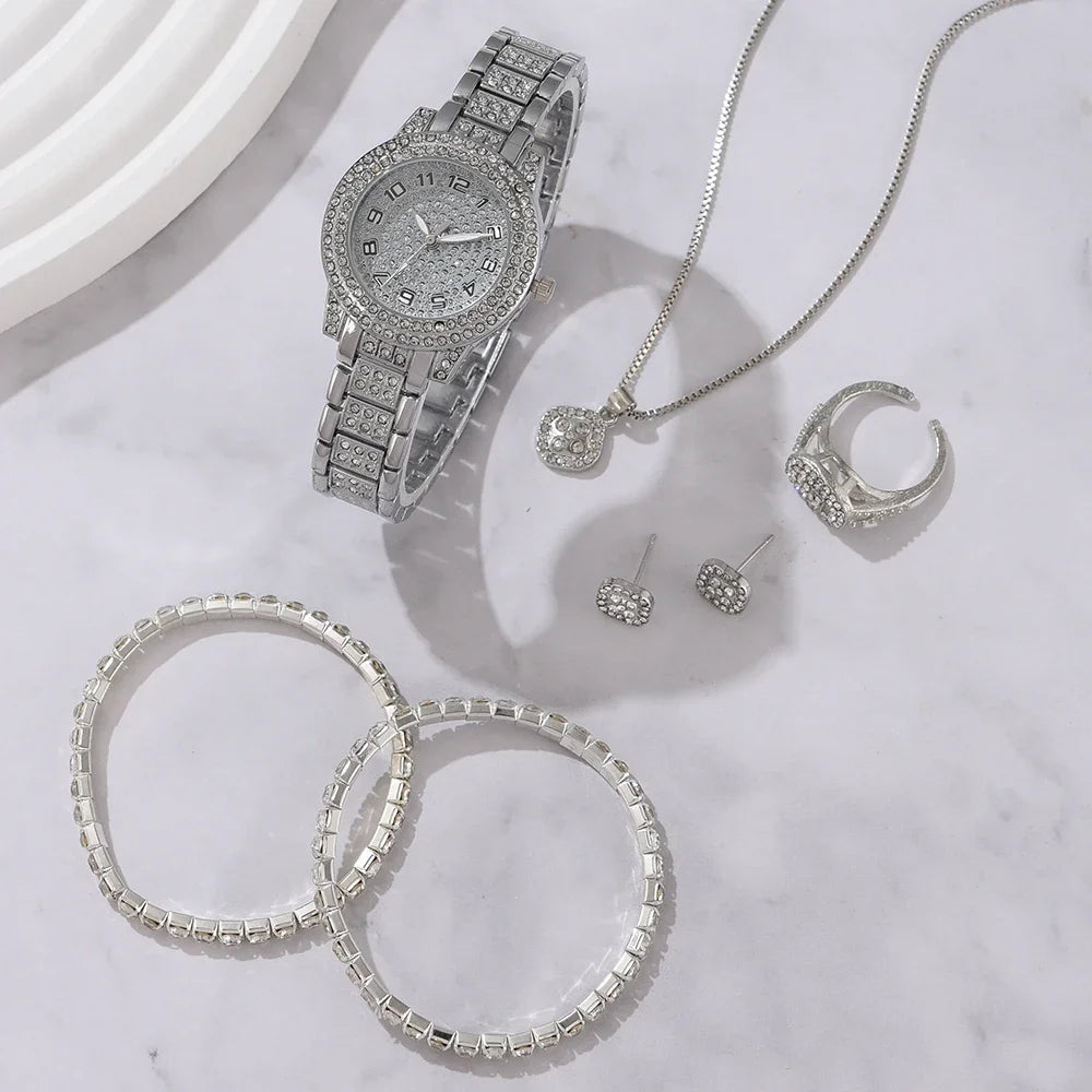 5PCS Women Watch Luxury Elegant Alloy Watch Crystal Wristwatch for Ladies Gift Quartz Watch Alloy Rhinestone Bracelet Montres
