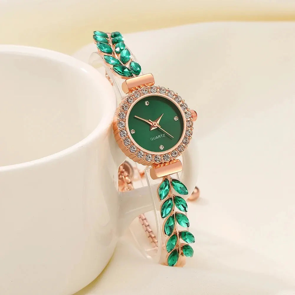 5PCS Set Luxury Leaf Watch Women Ring Necklace Earring Rhinestone Fashion Watch Casual Ladies Bracelet Watches Montre Femme
