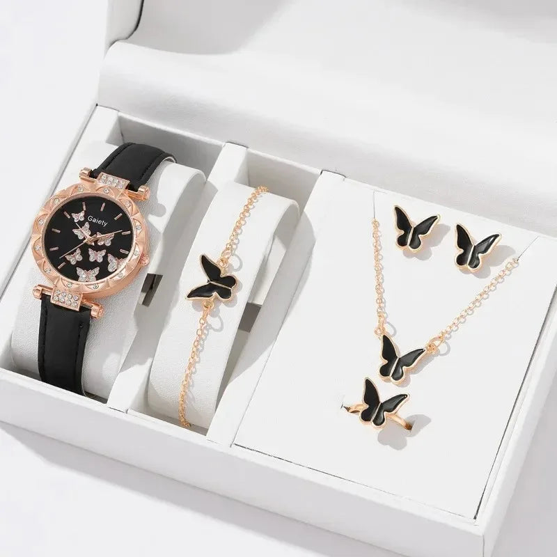 6PCS Set Watch for Women Luxury Leather Analog Ladies Quartz Wrist Watch Fashion Bracelet Watch Set Female Relogio Feminino