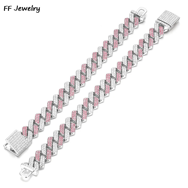 14mmHip Hop Shiny Cuban Link Chain Bracelets Women Men PINK Color Rhinestone Iced Out Chain Bracelets Punk Wristband Jewelry