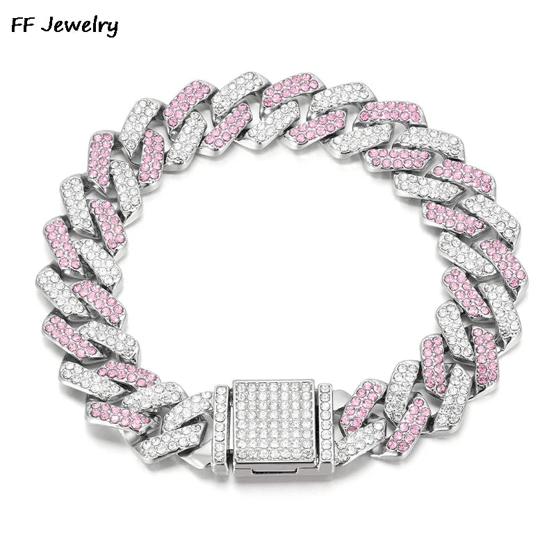 14mmHip Hop Shiny Cuban Link Chain Bracelets Women Men PINK Color Rhinestone Iced Out Chain Bracelets Punk Wristband Jewelry