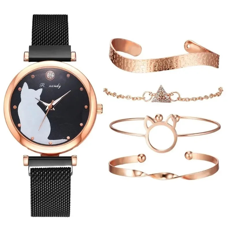 1/5Pcs Set Cat Women Watch Bracelet Alloy Strap Cute Cartoon Pattern Wristwatches Luxury Quartz Braceletes Stainless Steel Dial