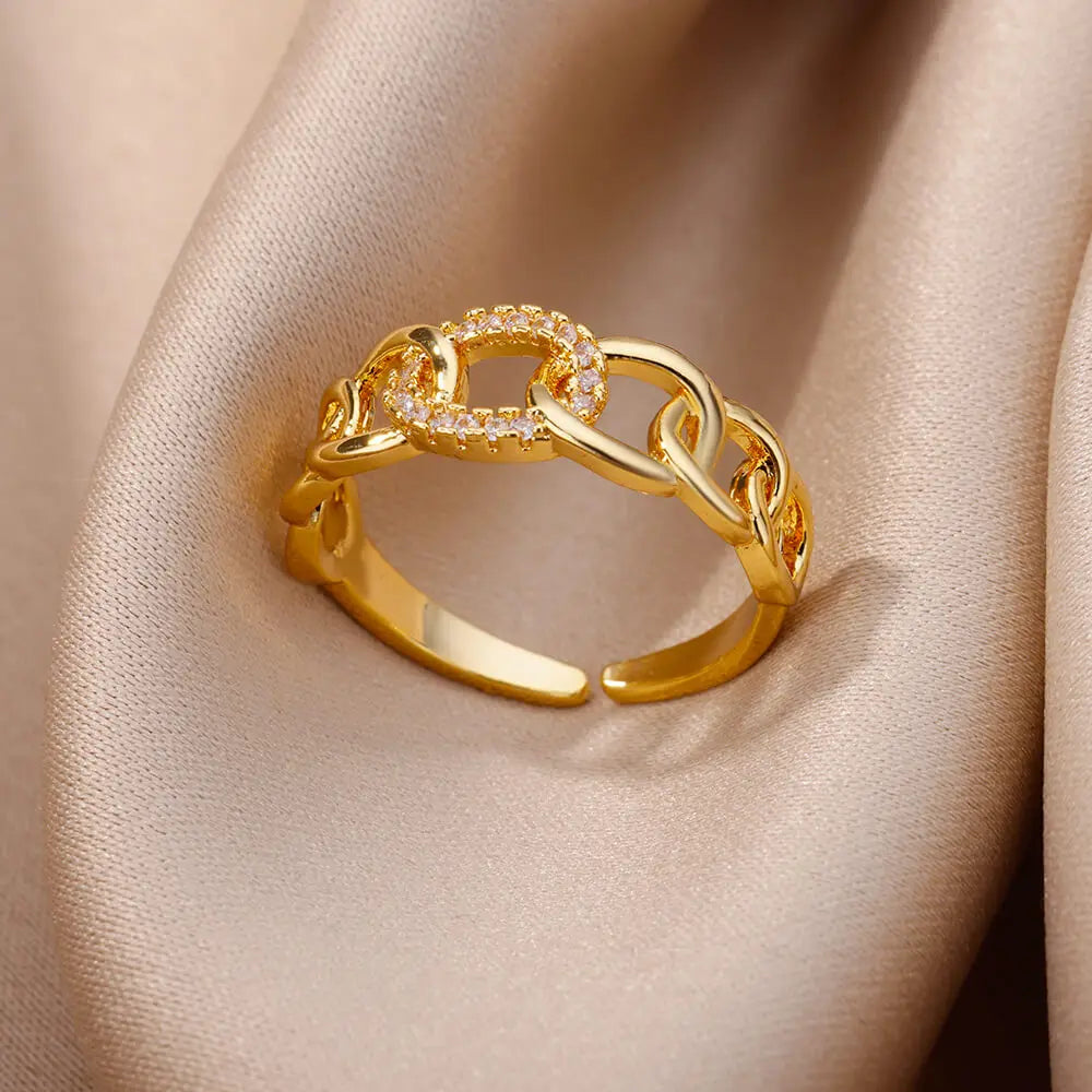 Fashion Gold Color Stainless Steel Rings For Women Chain Hollow Out Crystal Zircon Finger Ring Jewelry 2023 Gift anillos mujer