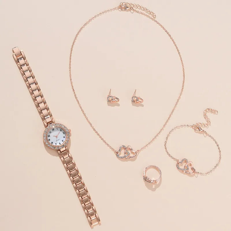 6pcs Women Watch Fashion Luxury Crystal Ladies Quartz Wristwatch WOMEN'S Watch and Bracelet Necklace Ring Earrings Accessory Set
