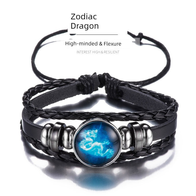 Zodiac Luminous Leather Bracelet Trendy Japanese and Korean Style Bracelet Men Lucky Bracelet Female Carrying Strap Woven Couples Bracelet