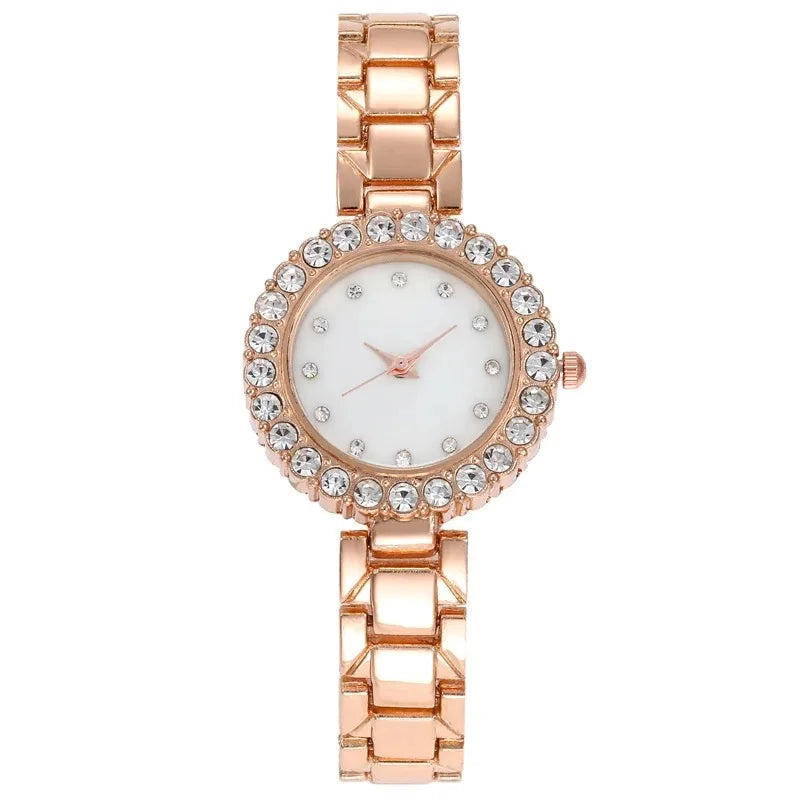 6pcs Women Watch Fashion Luxury Crystal Ladies Quartz Wristwatch WOMEN'S Watch and Bracelet Necklace Ring Earrings Accessory Set