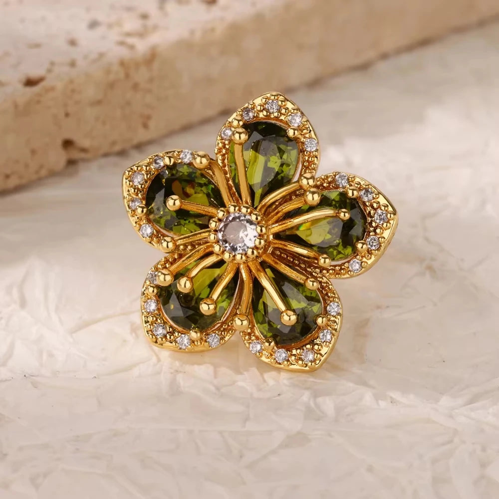 Luxury Stainless Steel Green Zircon Flower Rings For Women Snake Finger Ring Gold Plated Wedding Party Exquisite Jewelry New