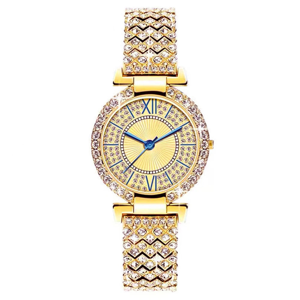 4Pcs Fashion Ladies Watch Jewerly Set Women Diamond Quartz Watch Gold Plated Bangles Exquisite Leaf Cuff Bracelet Ring With Box