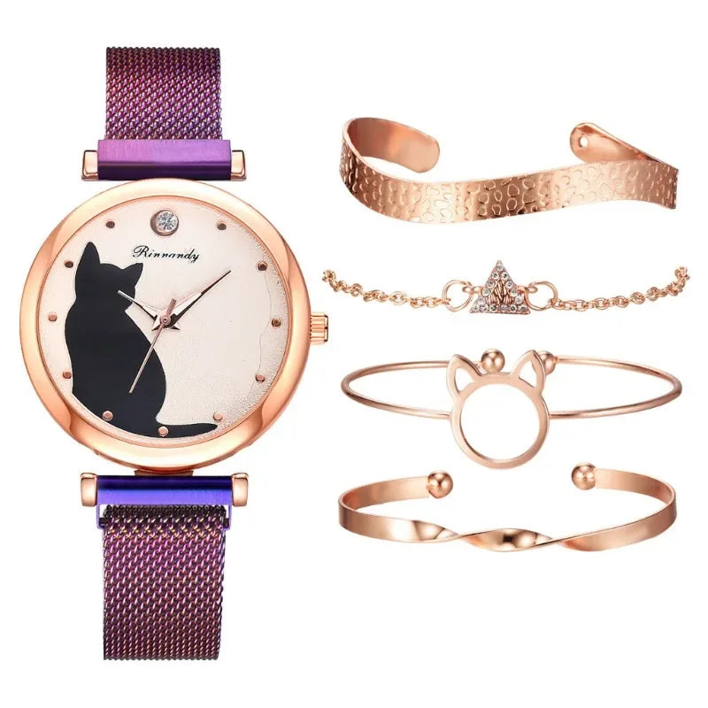 1/5Pcs Set Cat Women Watch Bracelet Alloy Strap Cute Cartoon Pattern Wristwatches Luxury Quartz Braceletes Stainless Steel Dial