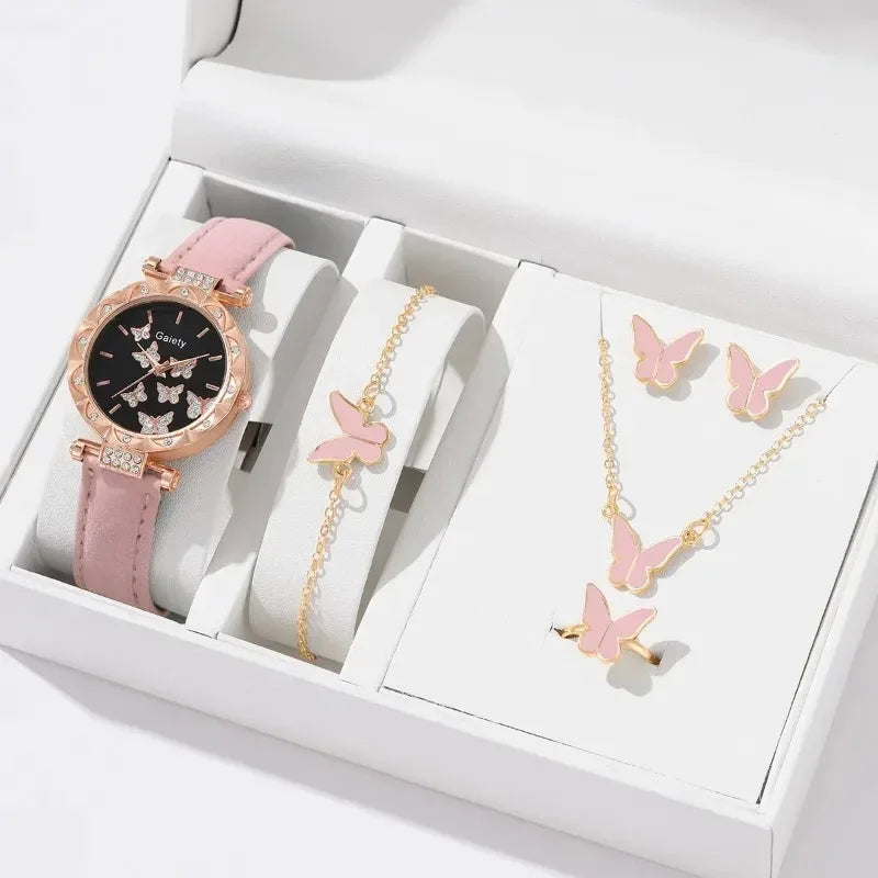 6PCS Set Watch for Women Luxury Leather Analog Ladies Quartz Wrist Watch Fashion Bracelet Watch Set Female Relogio Feminino