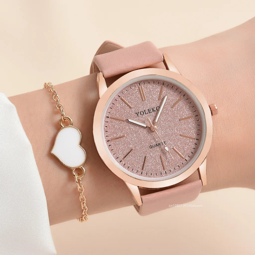 2pcs Set Women Watch Set Alloy Bracelet Luxury Fashion Jewelry Colourful PU Leather Strap Ladies Quartz Wristwatch for Ladies