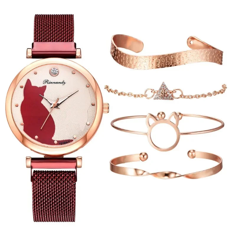 1/5Pcs Set Cat Women Watch Bracelet Alloy Strap Cute Cartoon Pattern Wristwatches Luxury Quartz Braceletes Stainless Steel Dial