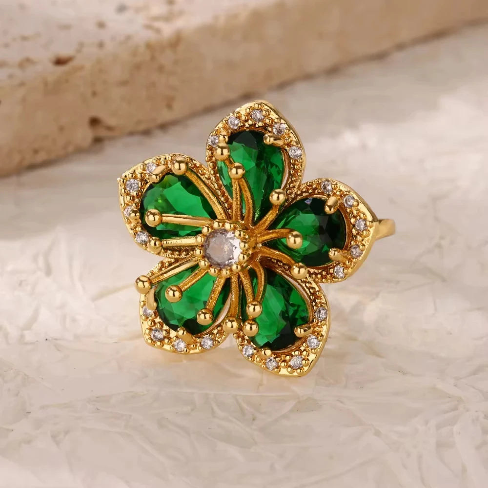 Luxury Stainless Steel Green Zircon Flower Rings For Women Snake Finger Ring Gold Plated Wedding Party Exquisite Jewelry New