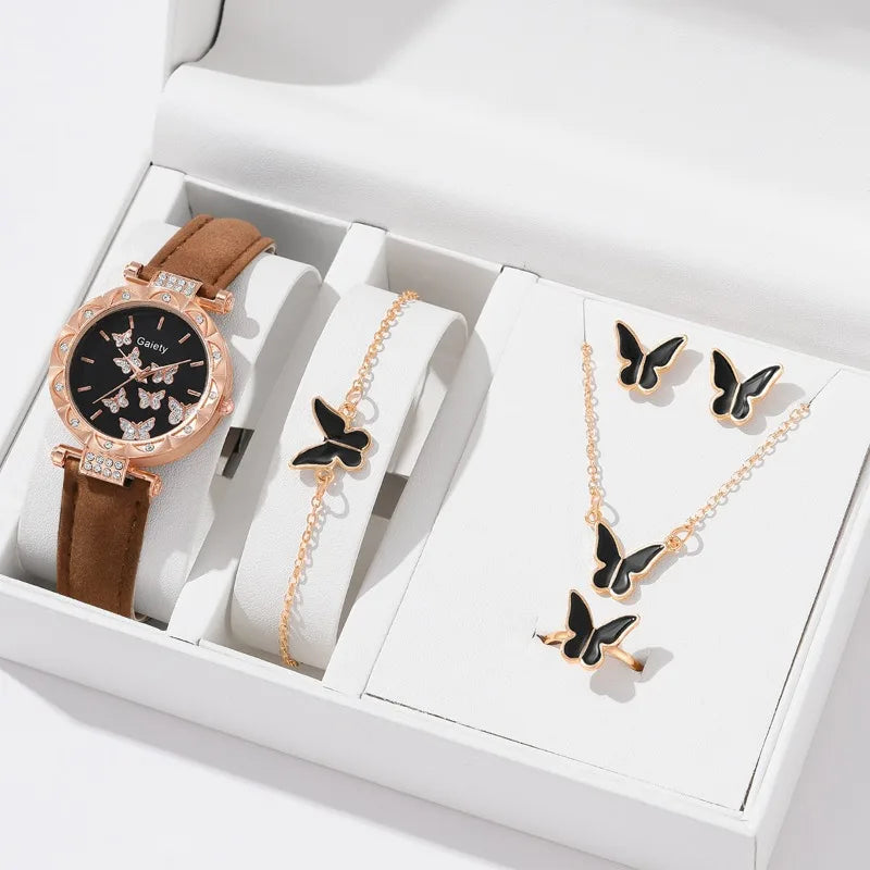 6PCS Set Watch for Women Luxury Leather Analog Ladies Quartz Wrist Watch Fashion Bracelet Watch Set Female Relogio Feminino