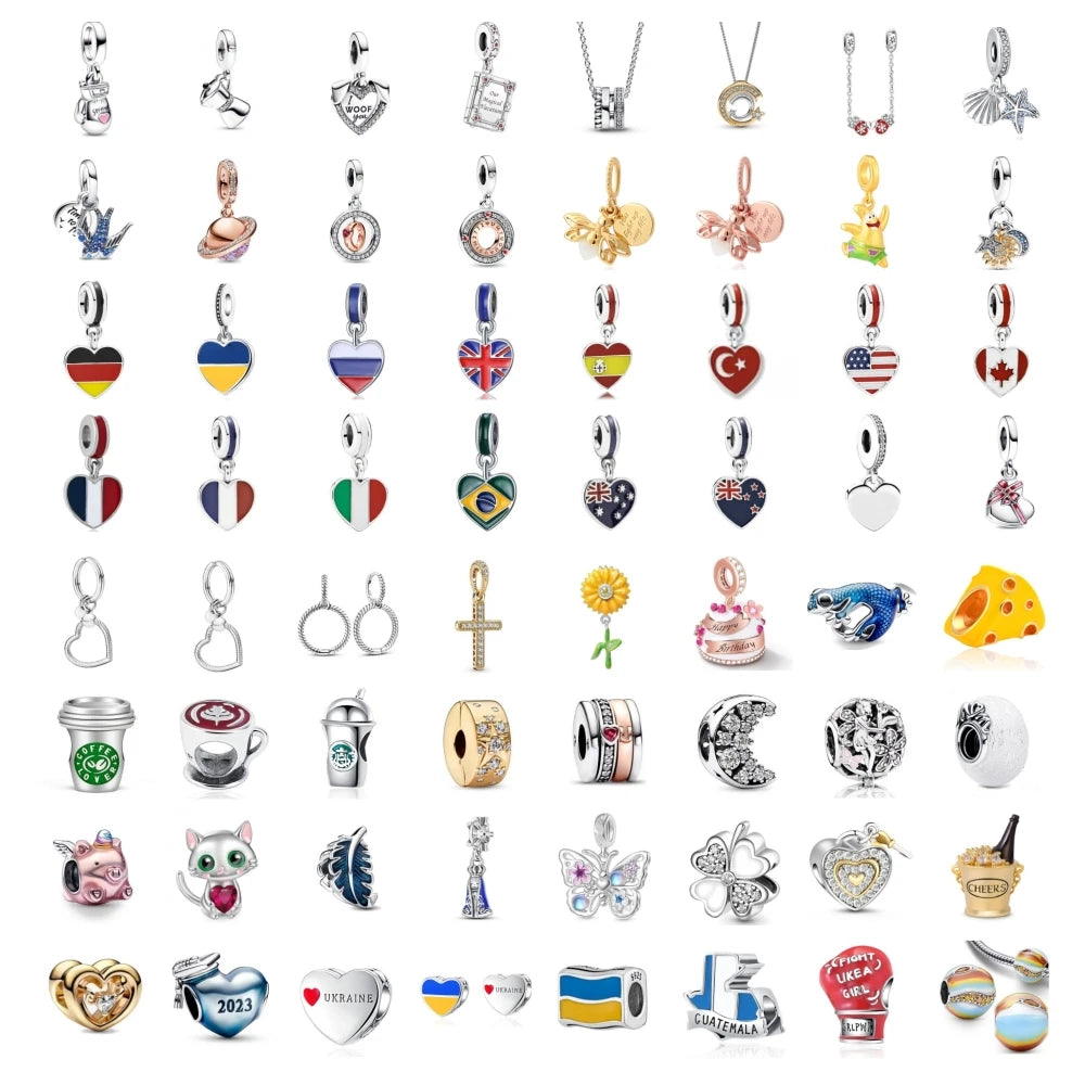 100% 925 Silver Plated Turkey Ukraine Flag Bead Pendant Fit Original Bracelets Sparkling Heart Dangle Moon Cup DIY Jewelry Gift