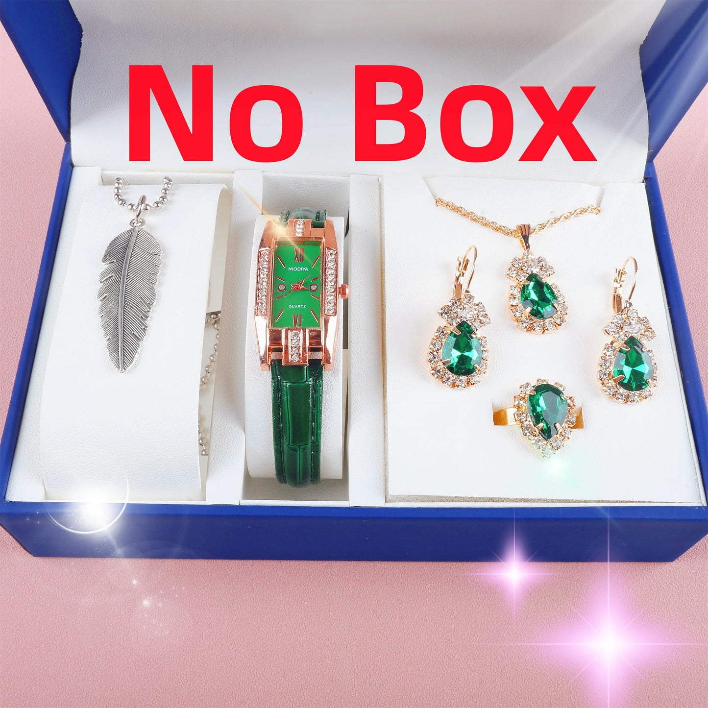 6PCS Set Fashion Women Rectangle Watches Ladies Business Green Leather Quartz Watch Necklace Earrings Bracelet Wristwatch A4347
