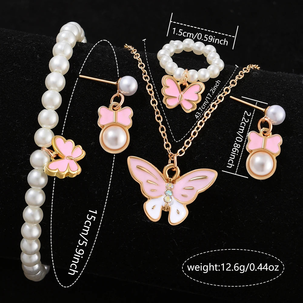 6PCS/Set Women White Round Quartz Watch PU Leather Strap Casual Fashion Wristwatch Butterfly Jewelry Watch Set Gift For Her
