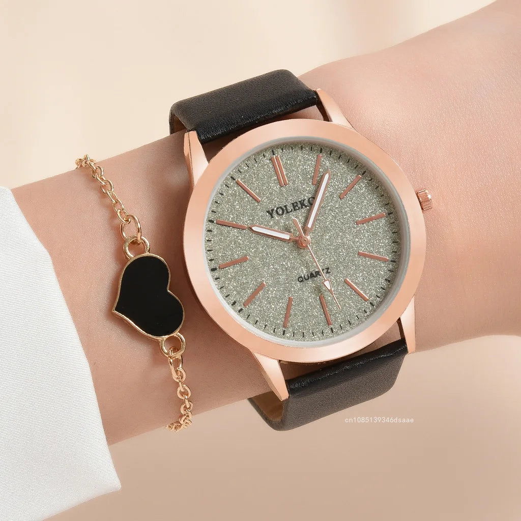 2pcs Set Women Watch Set Alloy Bracelet Luxury Fashion Jewelry Colourful PU Leather Strap Ladies Quartz Wristwatch for Ladies