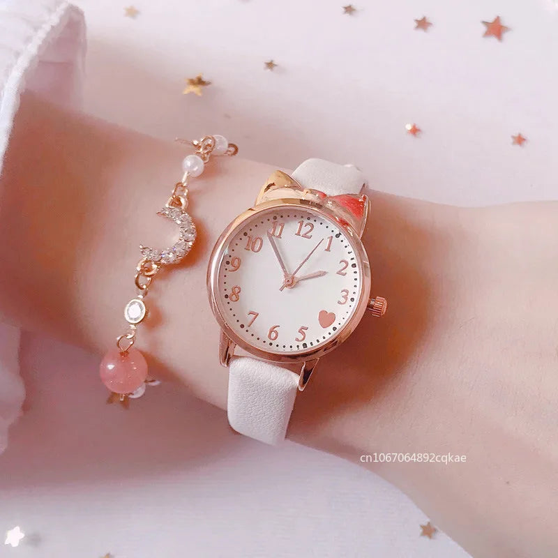 2024 Fashion Women Watch Cute Love Digital Dial Female Student Quartz Watches Leather Strap Bracelet+Watch Set Gift Relojes