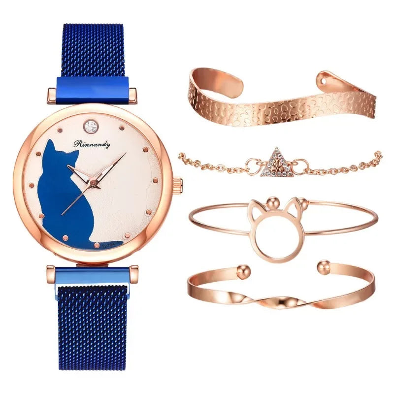 1/5Pcs Set Cat Women Watch Bracelet Alloy Strap Cute Cartoon Pattern Wristwatches Luxury Quartz Braceletes Stainless Steel Dial