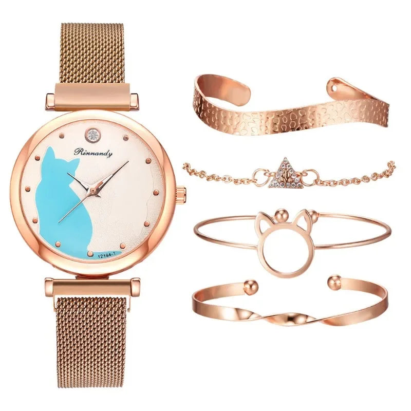 1/5Pcs Set Cat Women Watch Bracelet Alloy Strap Cute Cartoon Pattern Wristwatches Luxury Quartz Braceletes Stainless Steel Dial