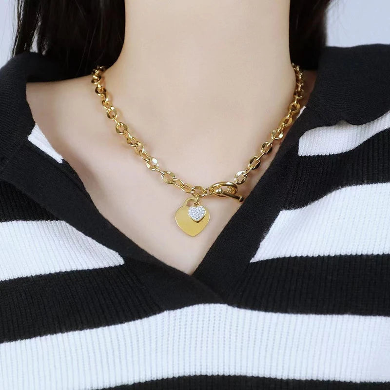 EILIECK 316L Stainless Steel Heart Love Pendant Necklace For Women Fashion 18K Gold Plated Neck Chain Waterproof Jewelry Gift