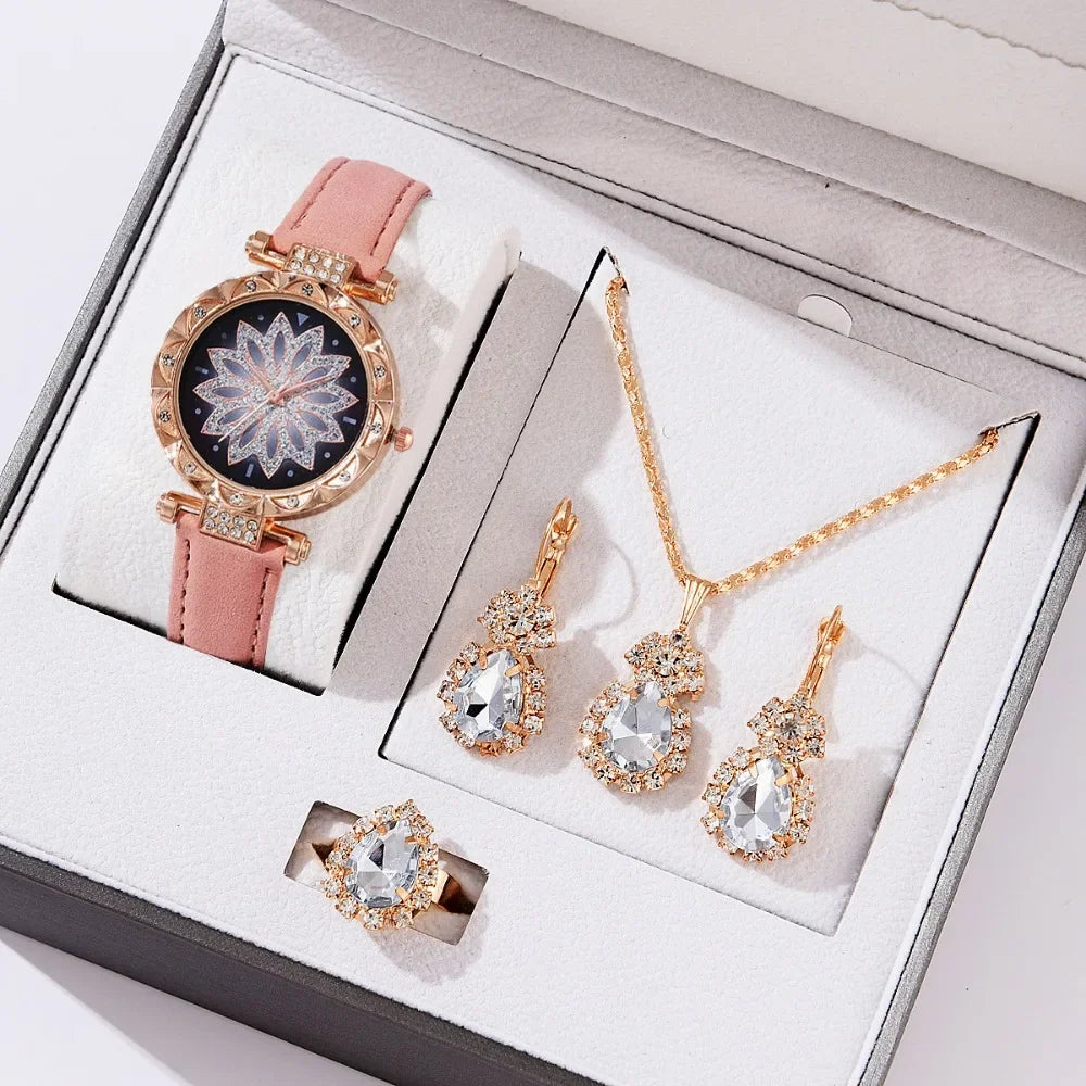 5pcs Set Watches for Women Leather Band Ladies Watch Simple Casual Women's Analog WristWatch Bracelet Gift Montre Femme(No Box)