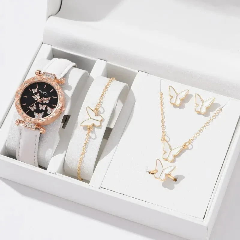 6PCS Set Watch for Women Luxury Leather Analog Ladies Quartz Wrist Watch Fashion Bracelet Watch Set Female Relogio Feminino