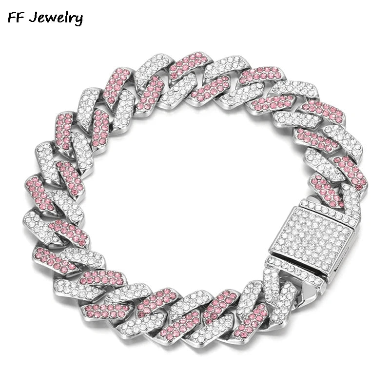 14mmHip Hop Shiny Cuban Link Chain Bracelets Women Men PINK Color Rhinestone Iced Out Chain Bracelets Punk Wristband Jewelry