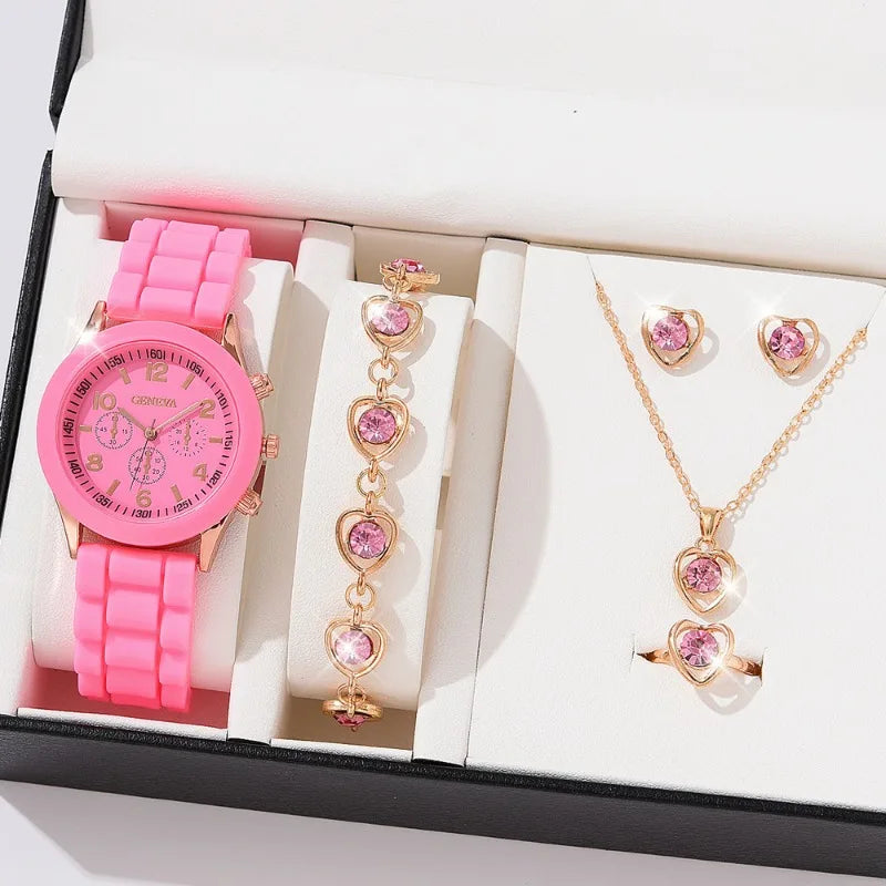 5PCS Set Luxury Watch Women Ring Necklace Earrings Rhinestone Fashion Wristwatch Female Casual Ladies Watches Bracelet Set Clock
