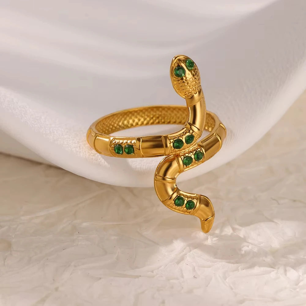 Luxury Stainless Steel Green Zircon Flower Rings For Women Snake Finger Ring Gold Plated Wedding Party Exquisite Jewelry New