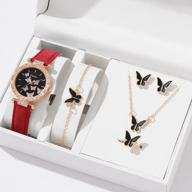 6PCS Set Watch for Women Luxury Leather Analog Ladies Quartz Wrist Watch Fashion Bracelet Watch Set Female Relogio Feminino