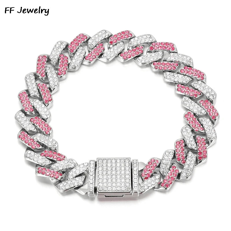 14mmHip Hop Shiny Cuban Link Chain Bracelets Women Men PINK Color Rhinestone Iced Out Chain Bracelets Punk Wristband Jewelry