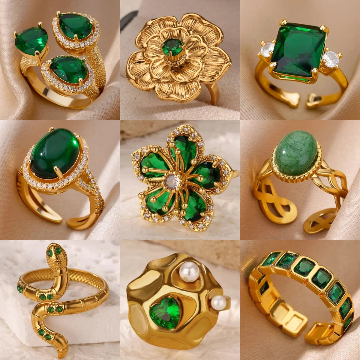 Luxury Stainless Steel Green Zircon Flower Rings For Women Snake Finger Ring Gold Plated Wedding Party Exquisite Jewelry New