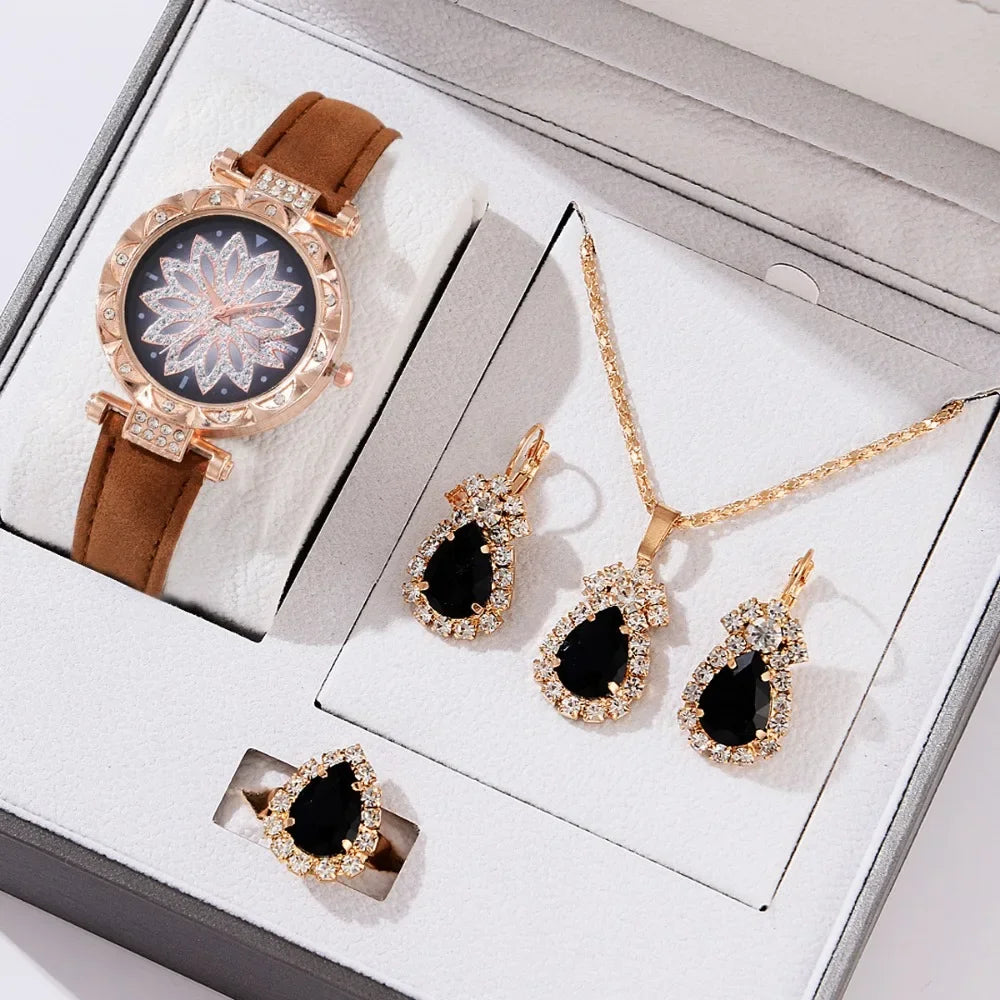 5pcs Set Watches for Women Leather Band Ladies Watch Simple Casual Women's Analog WristWatch Bracelet Gift Montre Femme(No Box)