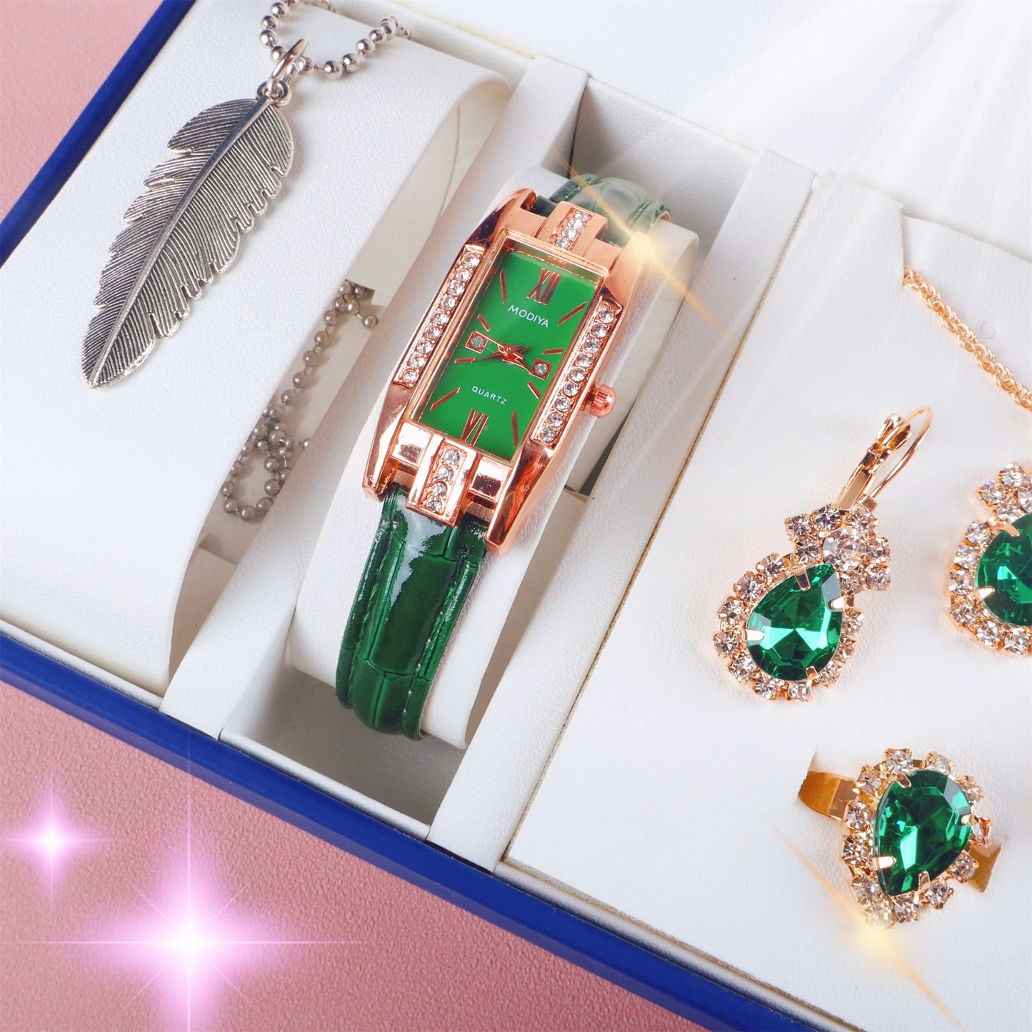 6PCS Set Fashion Women Rectangle Watches Ladies Business Green Leather Quartz Watch Necklace Earrings Bracelet Wristwatch A4347
